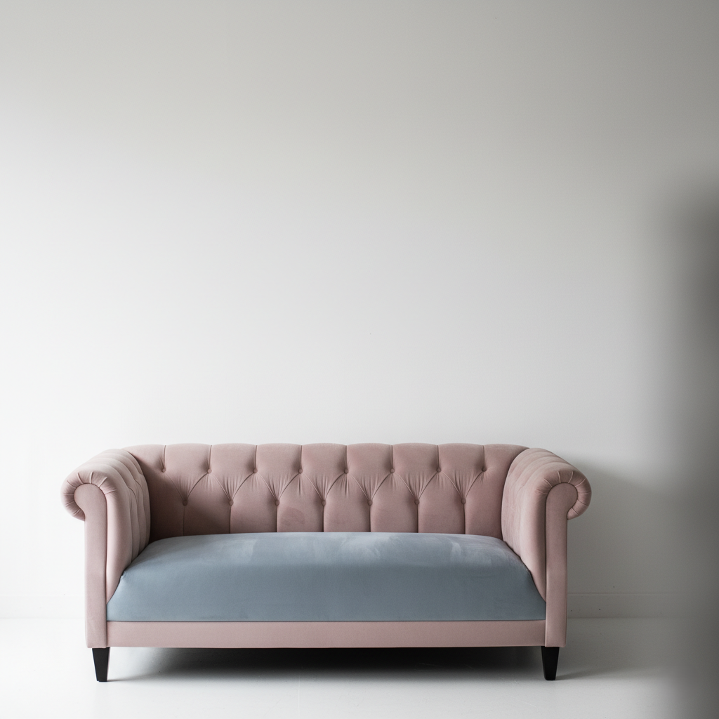 Düz beyaz duvara karşı fotoğraflanmış pembe ve mavi kadife Chesterfield kanepe