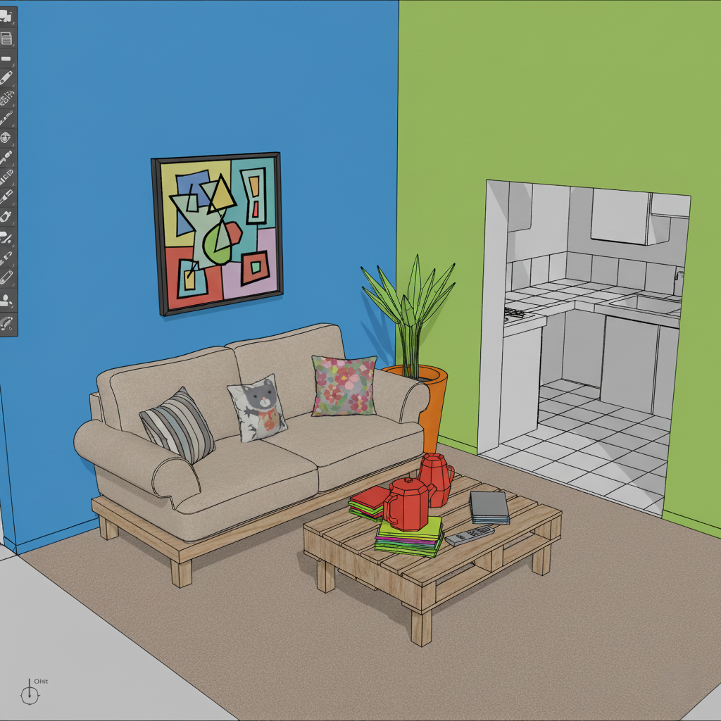 Renkli duvarlar, kanepe ve açık mutfak ile oturma odasının SketchUp tarzı 3D modeli