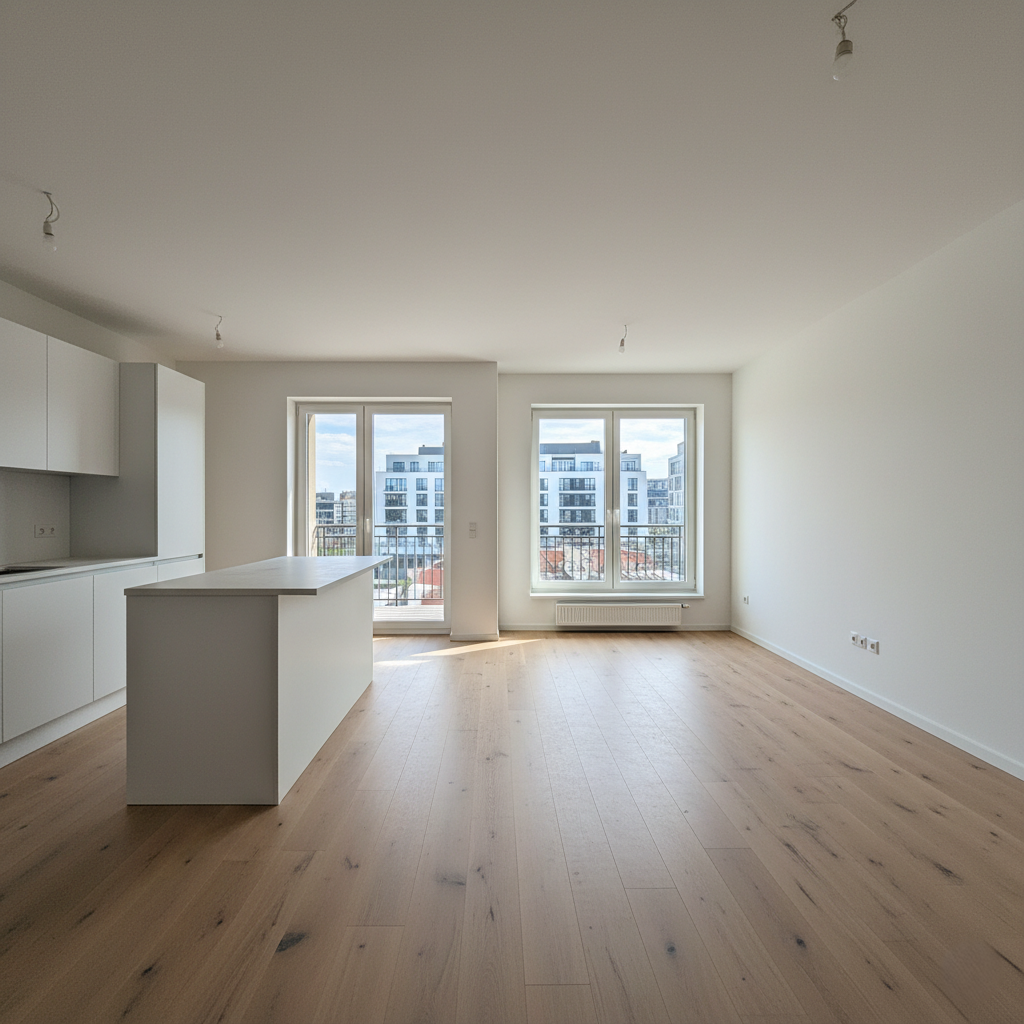 Açık mutfak, ahşap zeminler ve şehir manzaralı büyük pencerelere sahip boş modern daire