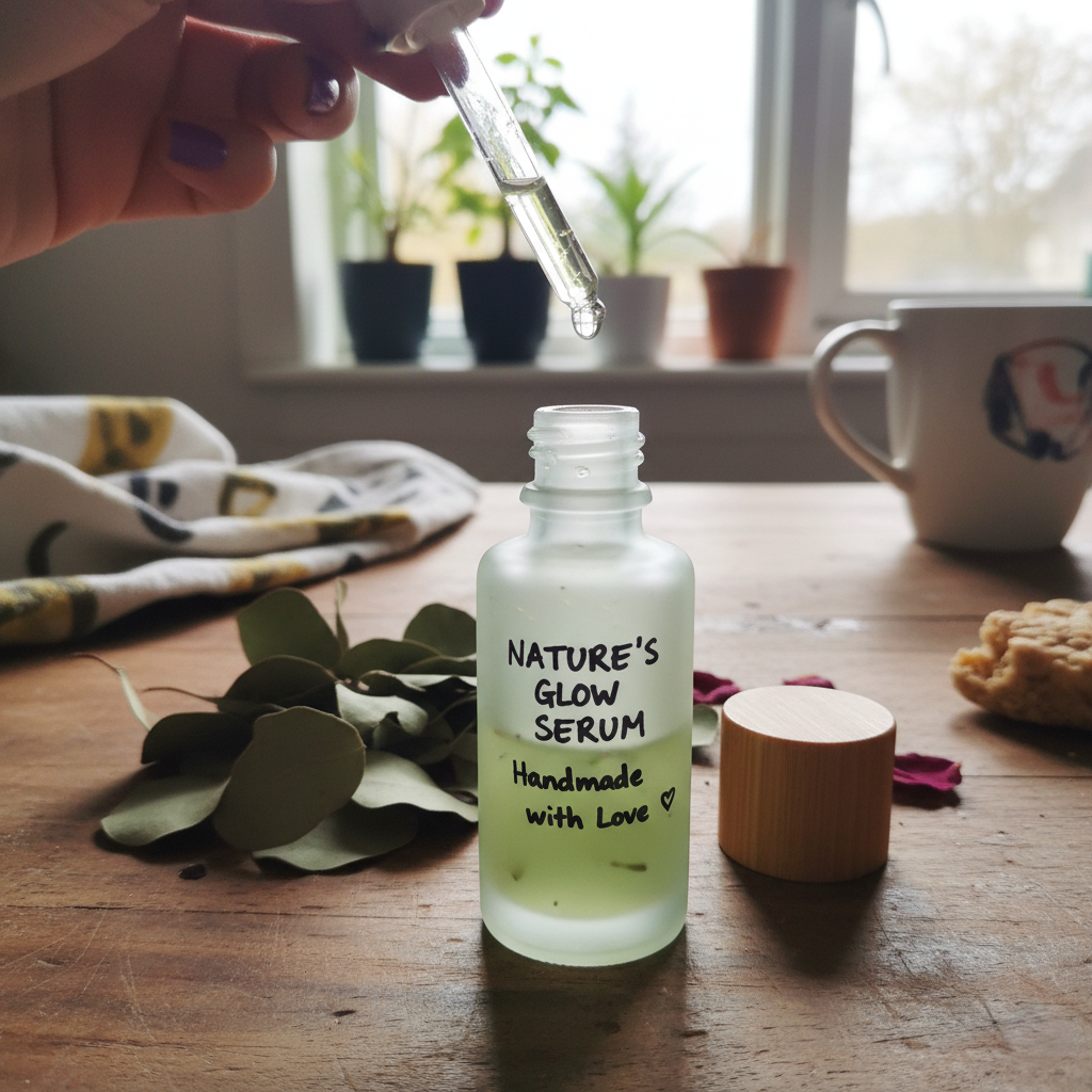 Okaliptüs yapraklarıyla mutfak masasında damlalıklı buzlu cam serum şişesi