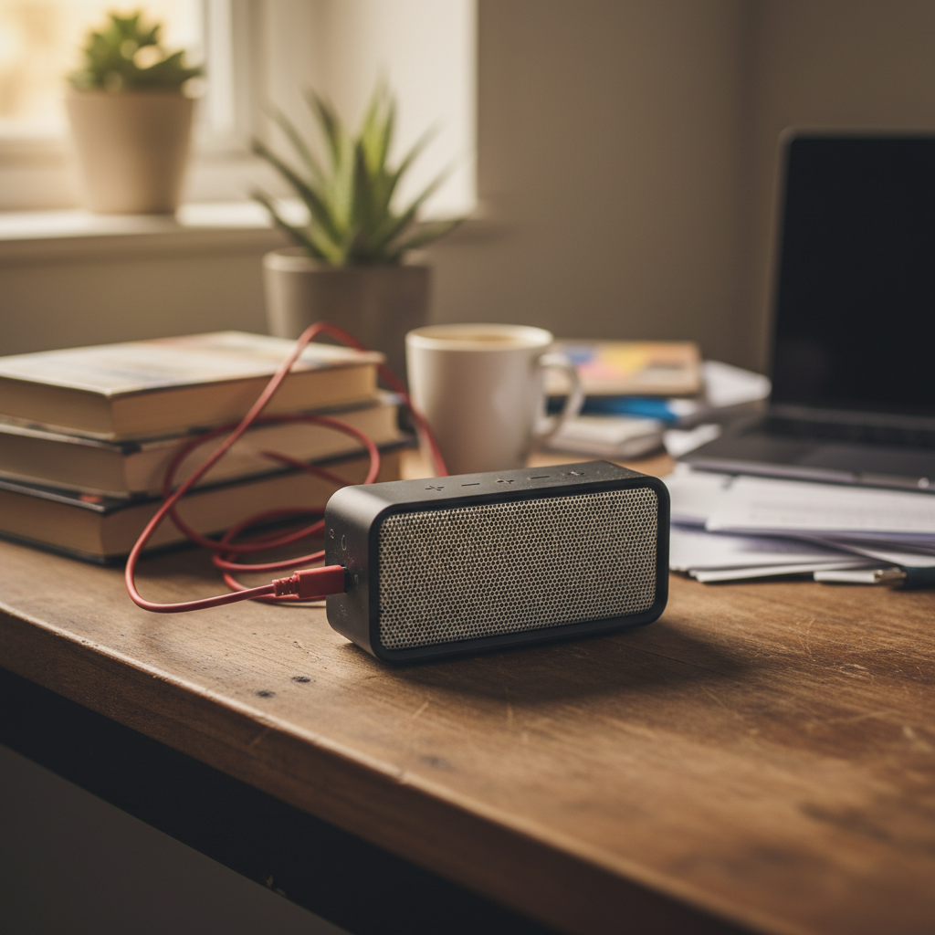 Kablolar ve günlük eşyalarla dolu dağınık masada taşınabilir Bluetooth hoparlör