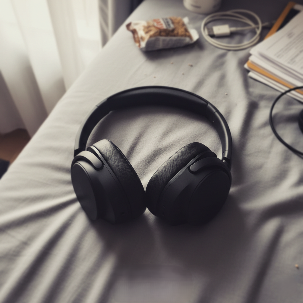 Black wireless headphones resting on messy bed sheets with everyday items in background